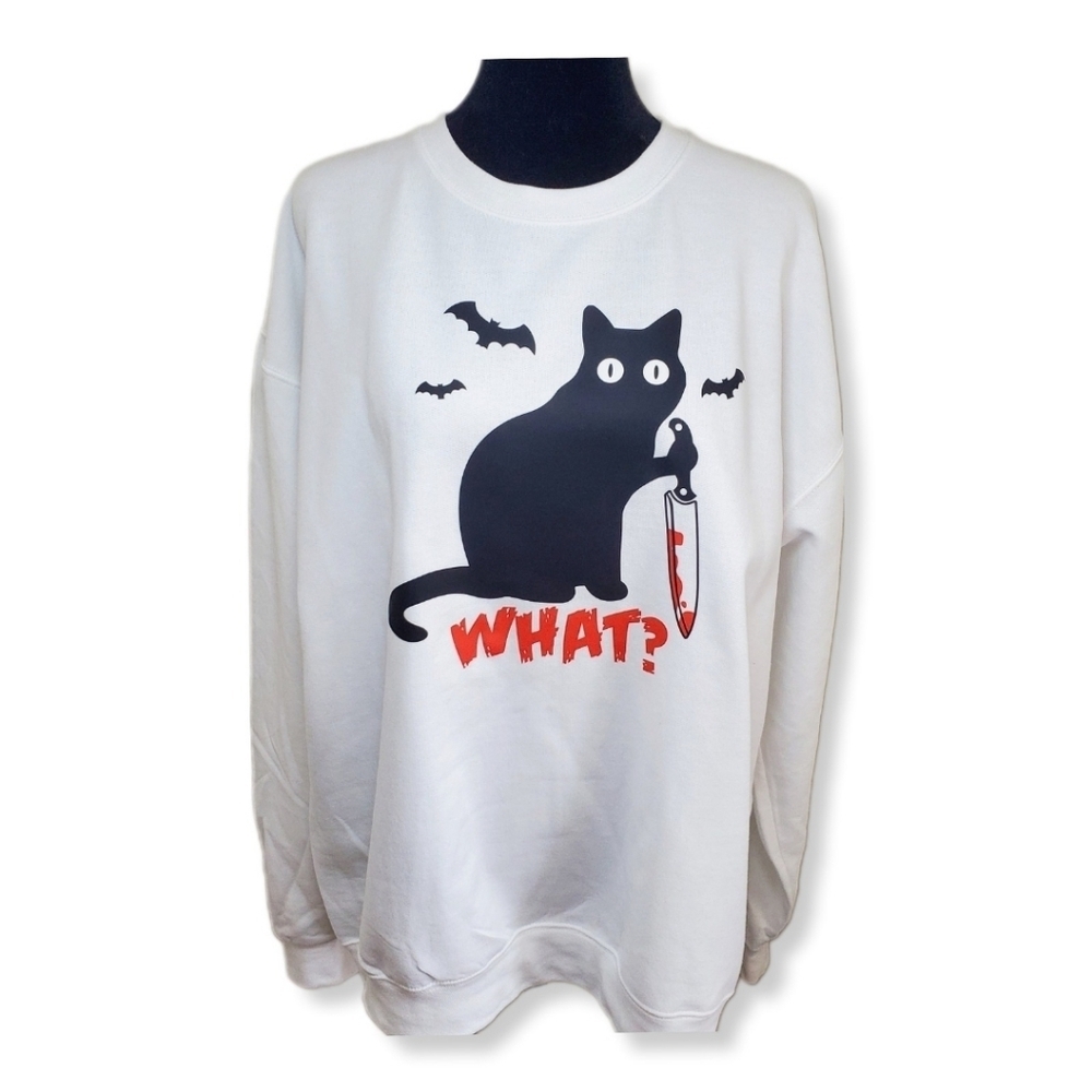 NWOT Funny Black Cat White Jerzees Sweatshirt Sz L